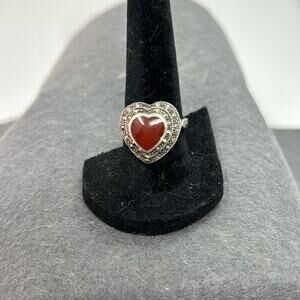 Vintage Sterling Silver Natural Carnelian and Marcasite Heart Shaped Ring Size 8